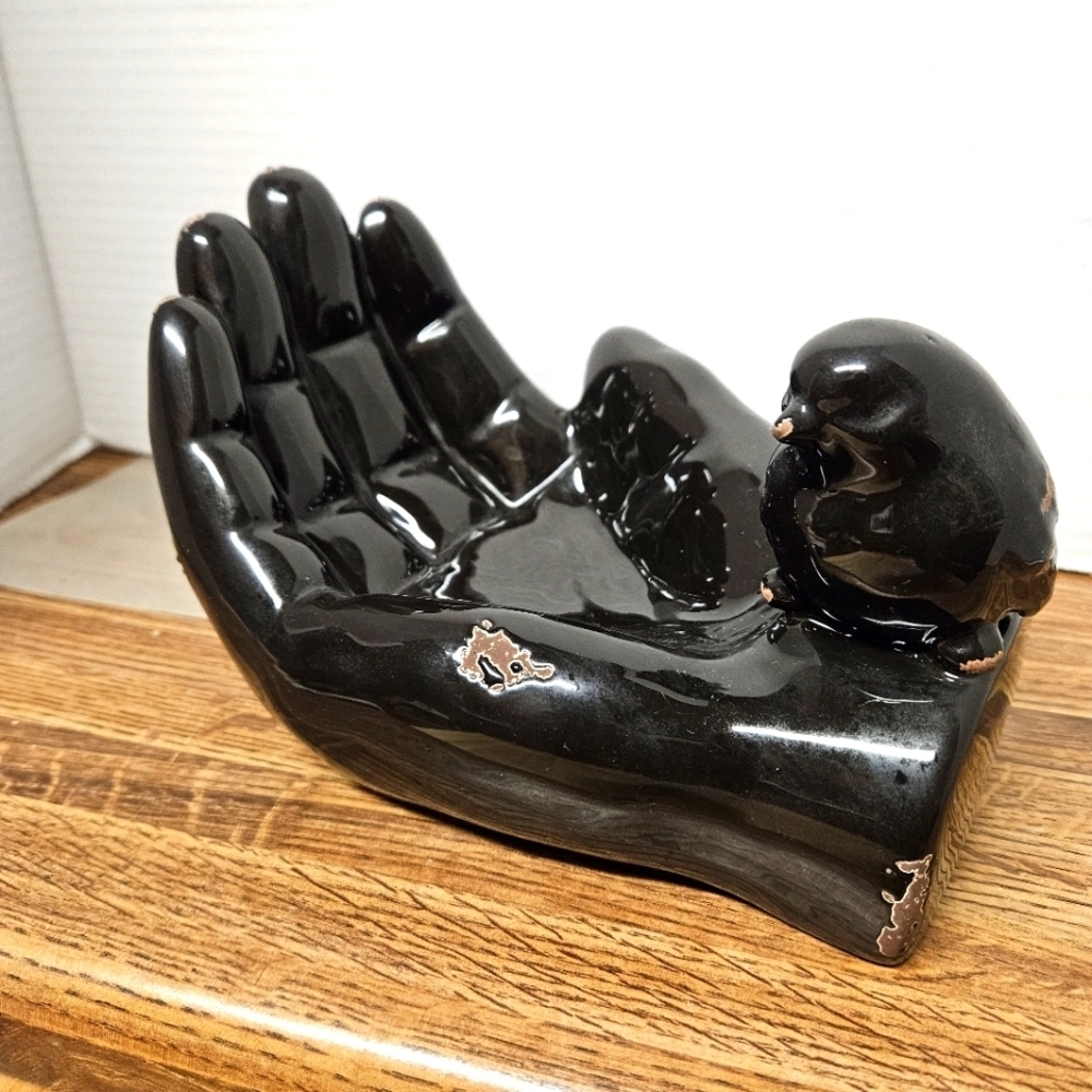 Vintage Large Black Glazed Ceramic Hand with Bird (Nancy Funk?)